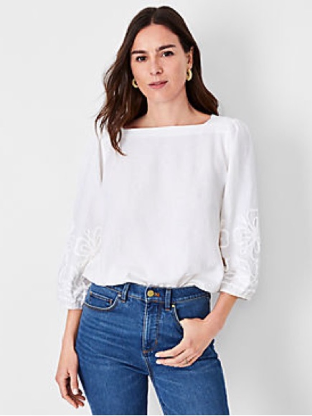Classic Ann Taylor Linen blend Women's White Embroidered Square-Neck Blouse NWOT